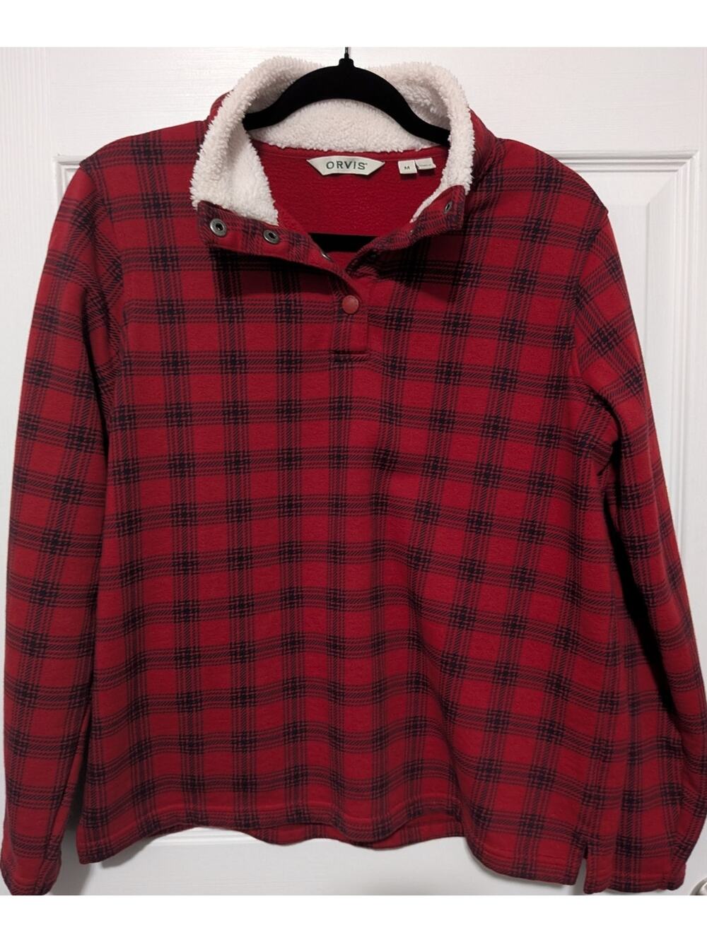 Orvis Fleece Pullover Sweater Plaid Quarter Snap Mock Neck Womens Size Medium
